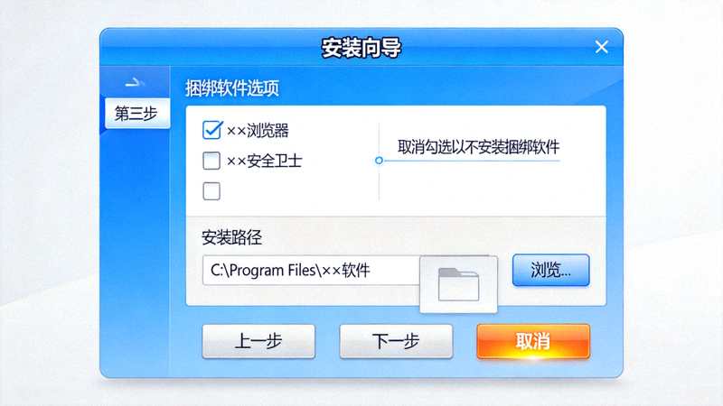 第三步：安装向导界面截图，展示如何取消勾选捆绑软件选项和选择安装路径