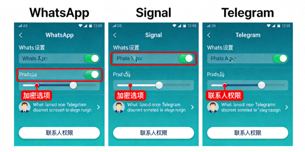 即时通讯工具隐私设置教程封面大图 - 并列对比展示WhatsApp、Signal、Telegram的隐私设置页面，突出显示加密选项和联系人权限开关