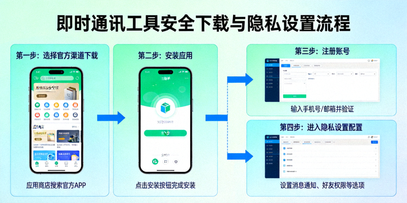 即时通讯工具安全下载与隐私设置流程图 - 展示从选择官方渠道下载、安装、注册到进入隐私设置菜单进行配置的完整步骤