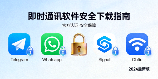 即时通讯软件安全下载指南封面大图 - 展示Telegram、WhatsApp、Signal等主流通讯软件的官方图标与安全锁标志