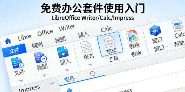 免费办公套件使用入门封面大图 - 展示LibreOffice Writer、Calc和Impress的软件界面与主要功能按钮特写