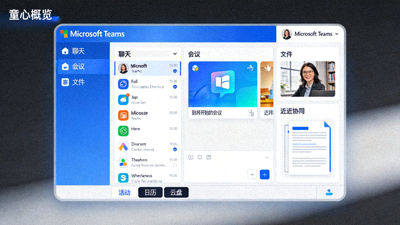 Microsoft Teams 平台概览界面截图 - 展示聊天、会议、文件协作等核心模块
