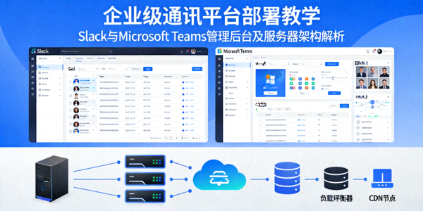 企业级通讯平台部署教学封面大图 - 展示Slack和Microsoft Teams的团队管理后台界面与服务器部署架构示意图