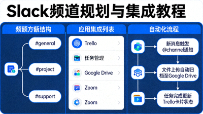 Slack 频道规划与集成教程插图 - 展示频道结构、应用集成列表和自动化流程