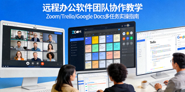 远程办公软件团队使用教学封面大图 - 展示Zoom视频会议、Trello项目看板和Google Docs协同编辑在同一屏幕下的多任务协作场景